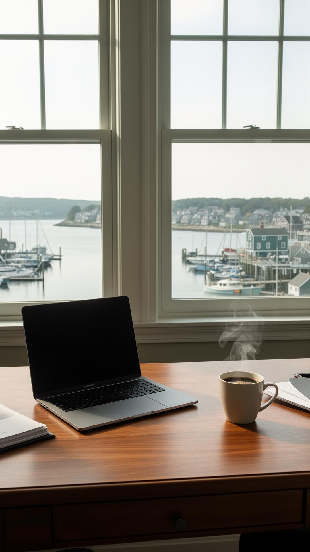 Home office desk overlooking Plymouth harbor at sunrise